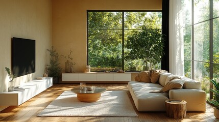 Modern living room interior design with large windows.