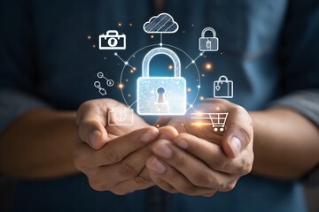 Cybersecurity shield digital protection concept. Cyber security representing digital security, with icons for cloud protection, fingerprint authentication, bank, email, and other secure processes.