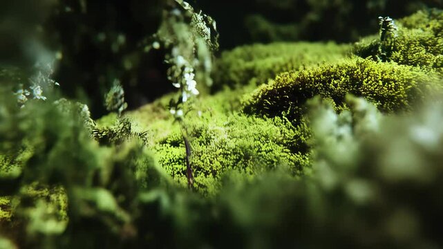 Lush green moss growing in a dense forest, featuring intricate patterns and soft texture under filtered natural light in a woodland setting.