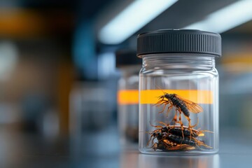 Earwigs Preserved in Specimen Jars in a Lab Setting