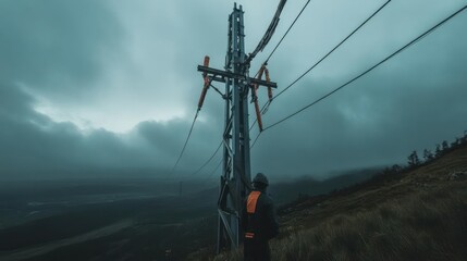 Electrical Worker Inspecting Power Lines on Misty Hillside