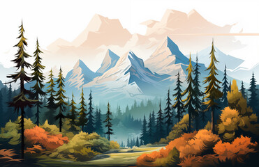 Illustration of a landscape of trees with giant mountains in the background in autumn. Image created with AI