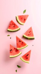 Floating Watermelon Slices with Leaves on a Pink Background  Fresh Summer Vibes.