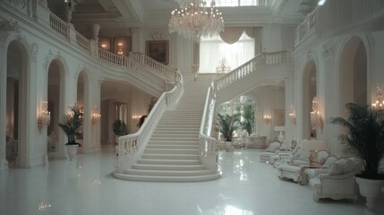 Elegant Grand Foyer with Staircase and Chandeliers