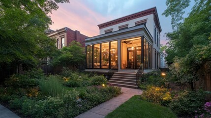 Elegant Home with Glass-Enclosed Porch at Dusk