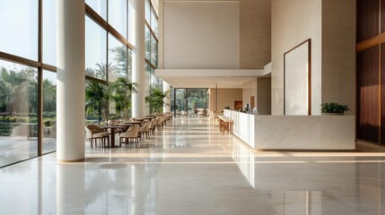 Elegant Hotel Lobby Interior with Marble Floors and Lush Greener
