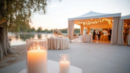 Elegant outdoor wedding reception with tent and candles