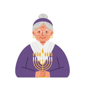 An older lady with a bun holds lit menorah in front of her, perhaps celebrating Hanukkah the traditional candelabra and adding some light to holidays, flat style illustration