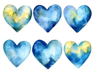 Six Watercolor Hearts Blue Yellow Design Elements