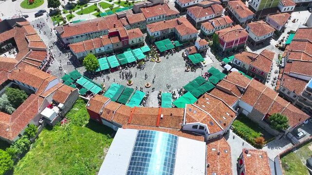 Albania Kor&ccedil;a city drone view, spring colors, city center old bazar 18 May 2025 