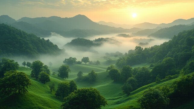 Misty valley at sunrise, with rolling hills and lush greenery.