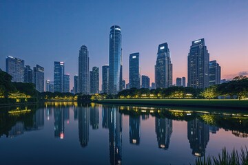 Fototapeta premium Twilight Urban Vista: Soothing Skyline of Sleek Skyscrapers Next to a Tranquil Pond in East Asia