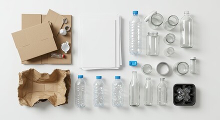 Top view arrangement of recyclable materials including cardboard paper bottles and containers all isolated against a white background.