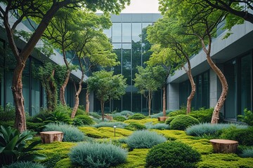 Obraz premium Enchanted Greenery Surrounding a Modern Business Building