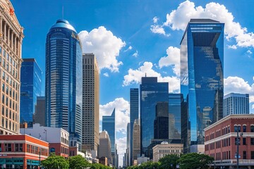 Fototapeta premium Vibrant Skyscrapers and Bright Sky in a Thriving Downtown Business Area