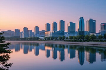 Fototapeta premium Tranquil Dawn Over a Contemporary Urban Skyline with Reflective Buildings by a Lakeside in South Korea