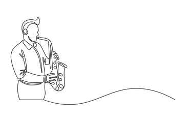 Continuous one line drawing of Young male saxophonist. Single line drawing illustration of musician playing the saxophone. Poster for music event concept vector art. Doodle line illustration.