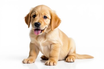 Golden Retriever puppy isolated against white backdrop, sitting, small, canine