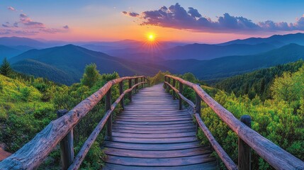 Scenic wooden pathway leading through lush mountain landscape at sunset.