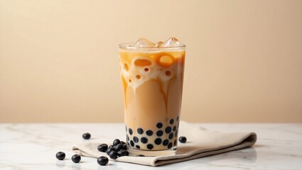 Ultra high-resolution flatlay of a glass of classic brown sugar bubble milk tea, front view, filled with chewy black tapioca pearls at the bottom, creamy milk tea above, and swirls of dark brown sugar