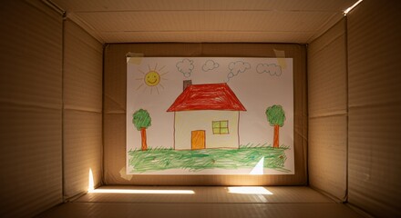 Child's Drawing of a House Inside Cardboard Box: A Dream of Home