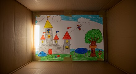 Child's Drawing Inside Cardboard Box: A Fairytale World