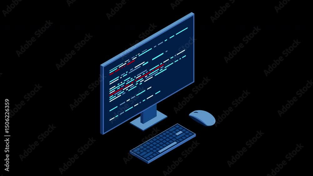 Poster Isometric desktop computer. Coding programming technology. Programming concept. Technology animation. Transparent background with alpha channel