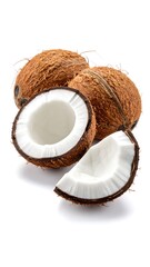 Fresh Coconut Collection Whole and Sliced Tropical Fruit with Isolated on White.