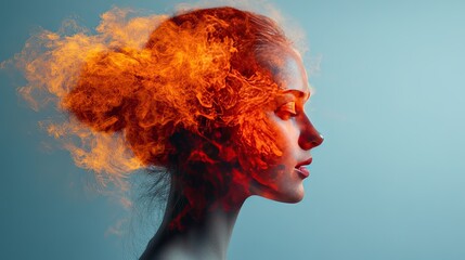 Fiery Woman Portrait with Blue Background.