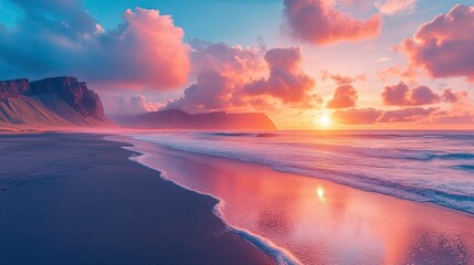 Fototapeta premium A stunning sunset over a beach with dramatic clouds.