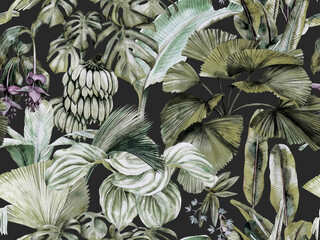 Tropical seamless pattern. Botanical  wallpaper with plants. A botanical print with lush banana leaves, monstera, palm fronds, and tropical flowers.