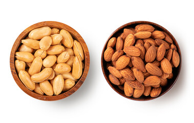 Roasted peanuts and almonds in wooden bowl isolated on white background. top view