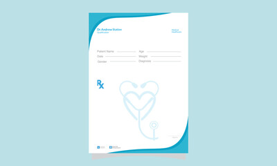 A prescription pad with doctor's name patient information and stethoscope heart graphic in blue and white © LailaArtworks