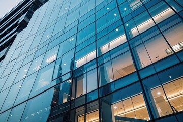 Detailed View of Contemporary Office Building Glass Facade with Reflective Windows and Illuminated Interior