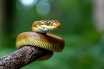 Fototapeta premium Elegant Yellow Snake Coiled on Branch in Tropical Forest