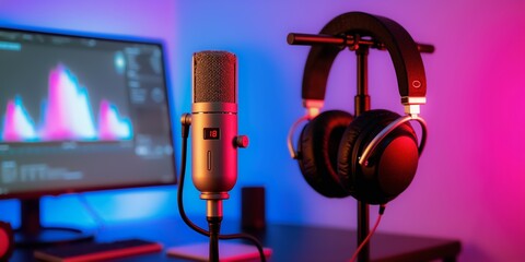 Modern studio setup over desk. Host live music, vocal waves high tech gear. Online home space, led neon blue lights table. Voice audio, media noise Visual radio screen. Close up asmr sound, mic stand