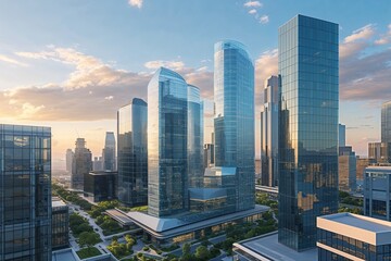 Futuristic Office Skyline with Contemporary Design and Glass Buildings