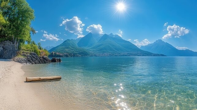 Serene lake shore with a log on the sandy beach.
