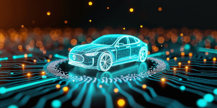 Next gen urban car 3d. Self vehicle smart tech. Cyber future Auto vision ai sensor, blue neon lights. Sleek design dark night grid. Digital power board High safety robo drive, fast iot chip road radar