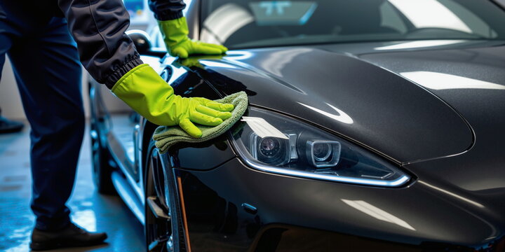 Expert worker care car, auto salon tools. Dirt cloth towels, glossy luster. Man gloves touch effort, shine glass smooth glare. Fresh clean upkeep, detail hand work. Dust scrub wash spray, buff gloss