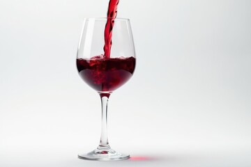 Rich red wine poured into glass, clean white backdrop, simple, alcohol, pour