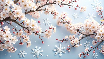 梅の花と雪が舞う冬の和背景