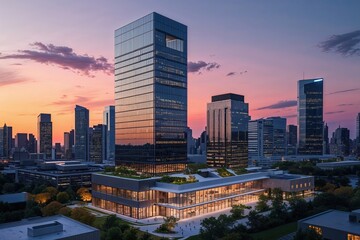 Sleek Corporate Headquarters at Dusk with Urban Skyline and Innovative Design