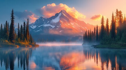 Serene mountain lake at sunrise with mirrored reflections.