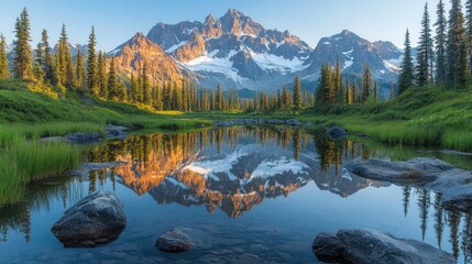 Fototapeta premium Mountain reflection in a calm alpine lake.
