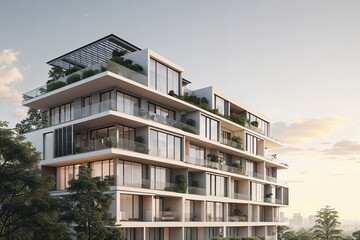 Obraz premium Modern Urban Apartment Complex Design in Soft Scenic Backdrop