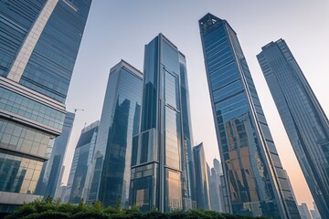 Obraz premium Close-Up View of Contemporary Office Buildings in Shanghai China