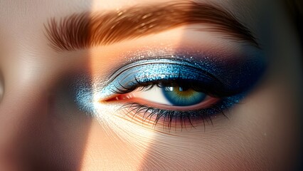 Extreme Close-Up of a Luminous Eye with Metallic Blue Eyeshadow – Glamorous Beauty Shot