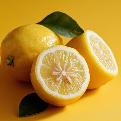 Fresh Lemon Still Life with Leaf on Yellow Backdrop