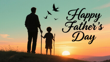 Fototapeta premium A serene silhouette of a father and son standing together on a grassy hill, facing a stunning sunset. Father's Day, Father's Day Gifts, Happy Father's Day